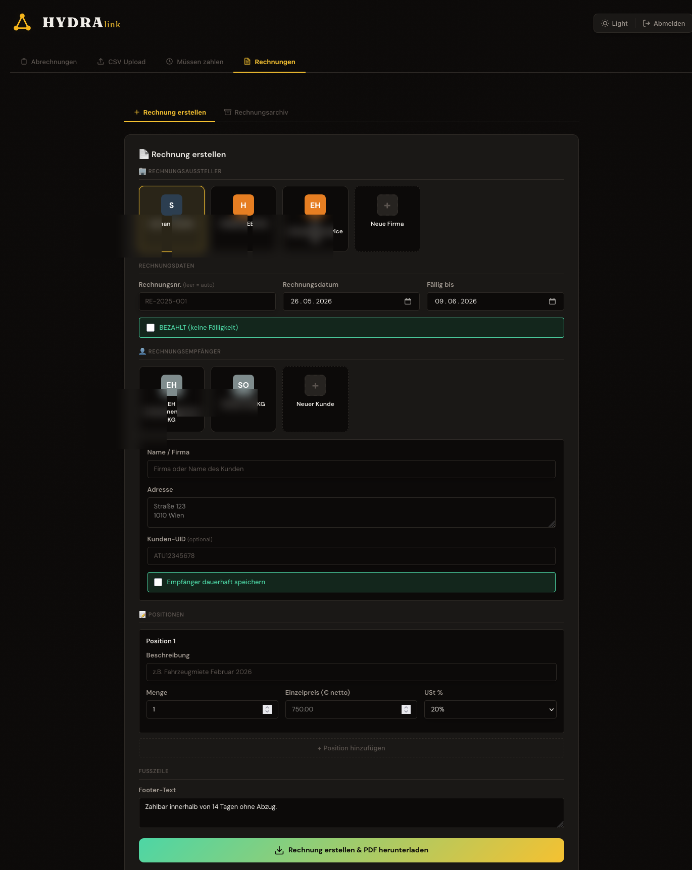 Hydralink Rechnungs-Erstellung mit Multi-Firma-Setup