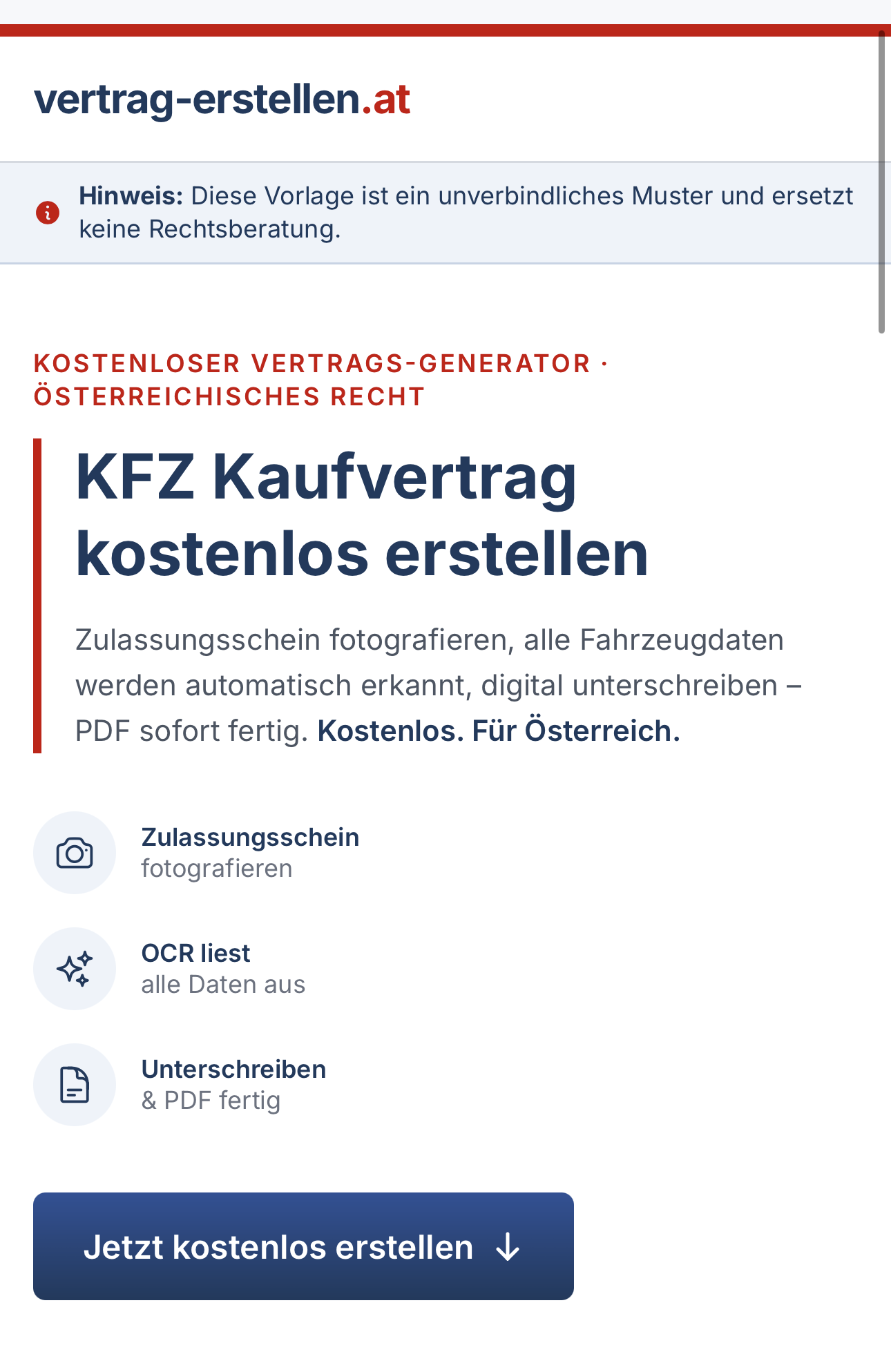 vertrag-erstellen.at: Landing-Page mit OCR-Scan-Hinweis