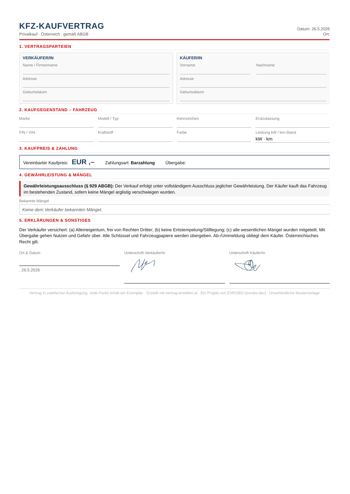 Fertiger KFZ-Kaufvertrag als PDF